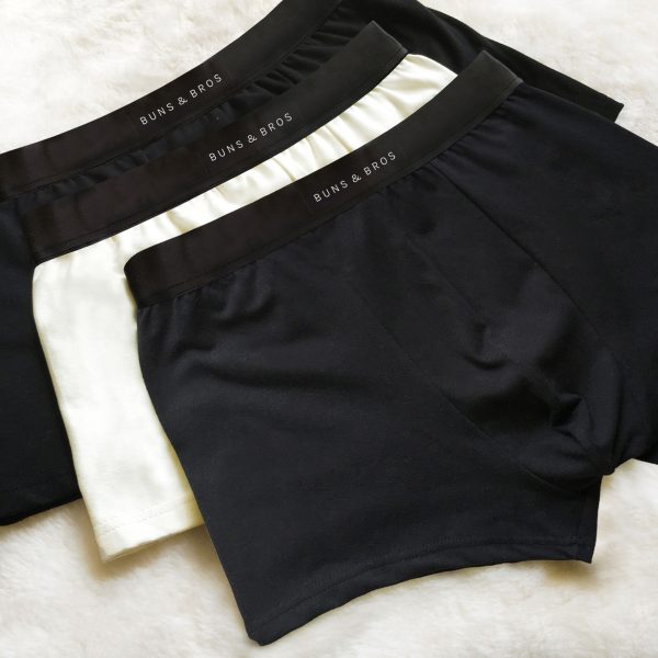 Buns & Bros by Lingerie Letters - Shop Men's Underwear online, South Africa. 3 Pack Black, Cream and Printed Boxer Trunks.