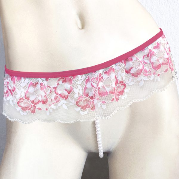 PINK & WHITE ROSE PEARL THONG